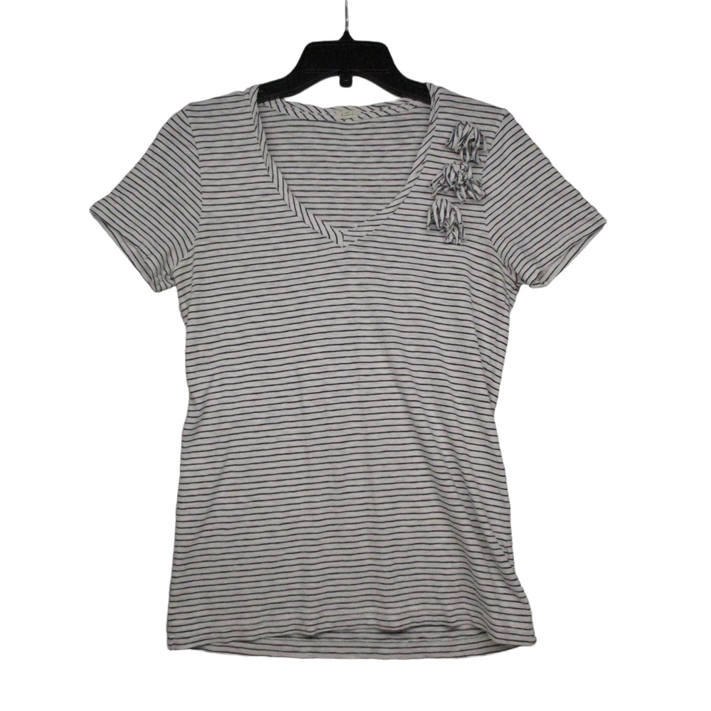 J.CREW White Black Striped Boho Chic Casual V-Neck‎ Short Sleeve T-Shirt Size L